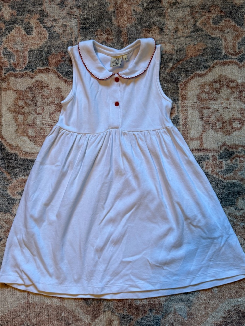 White Sleeveless Peter Pan Collar Kids Dress with Red Trim